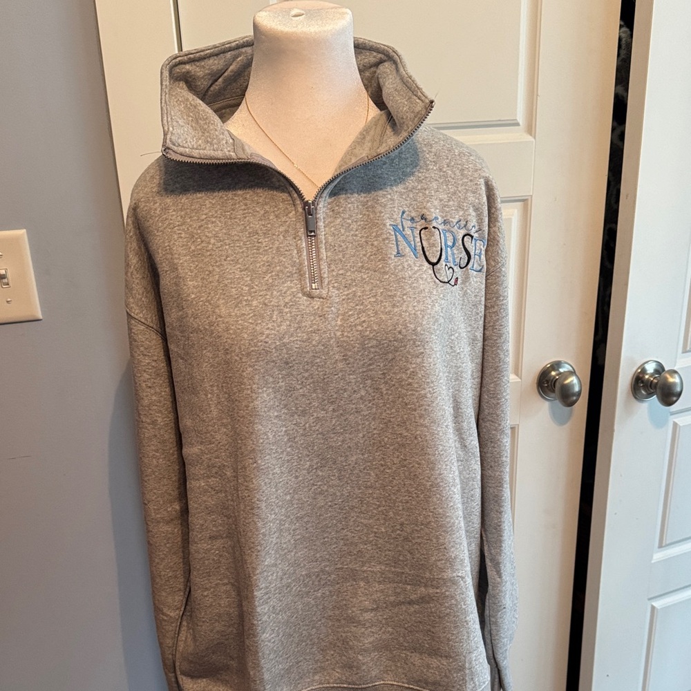 NWOT. Embroidered Gray Quarter-Zip Sweatshirt  Forensic Nurse